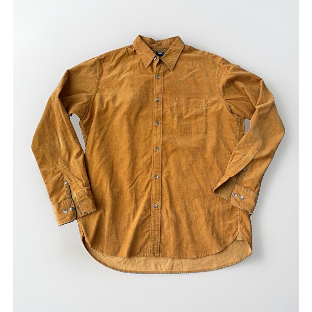 UNIQLO Corduroy Shirt Men Large L Brown Mustard Long Sleeve Button Casual